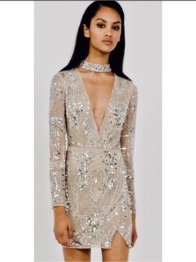 Missguided Champagne Sequin Deep V Long Sleeve Mini Dress with Choker